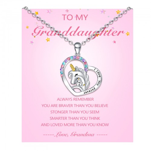 Granddaughter Gifts, Granddaughter Necklace, Unicorn Necklace for Little Girls Magical Crystal Heart Pendant Necklace Jewelry Birthday Christmas Gifts for Granddaughter Girls