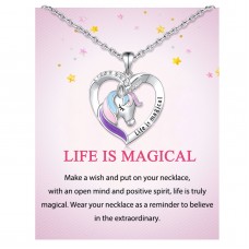 Unicorn Heart Necklace for Girls Women, with Life Is Magical Message Gift Card Birthday Gift 18+2 inch