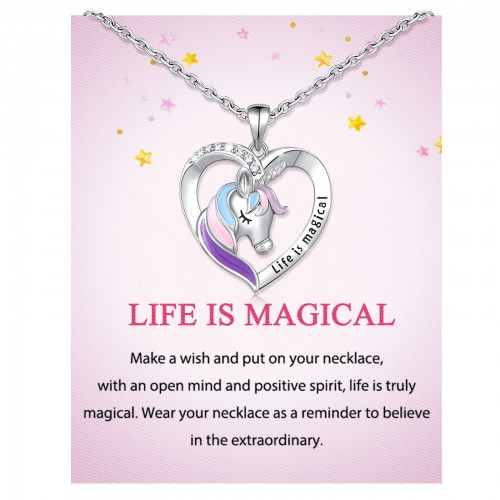 Unicorn Heart Necklace for Girls Women, with Life Is Magical Message Gift Card Birthday Gift 18+2 inch